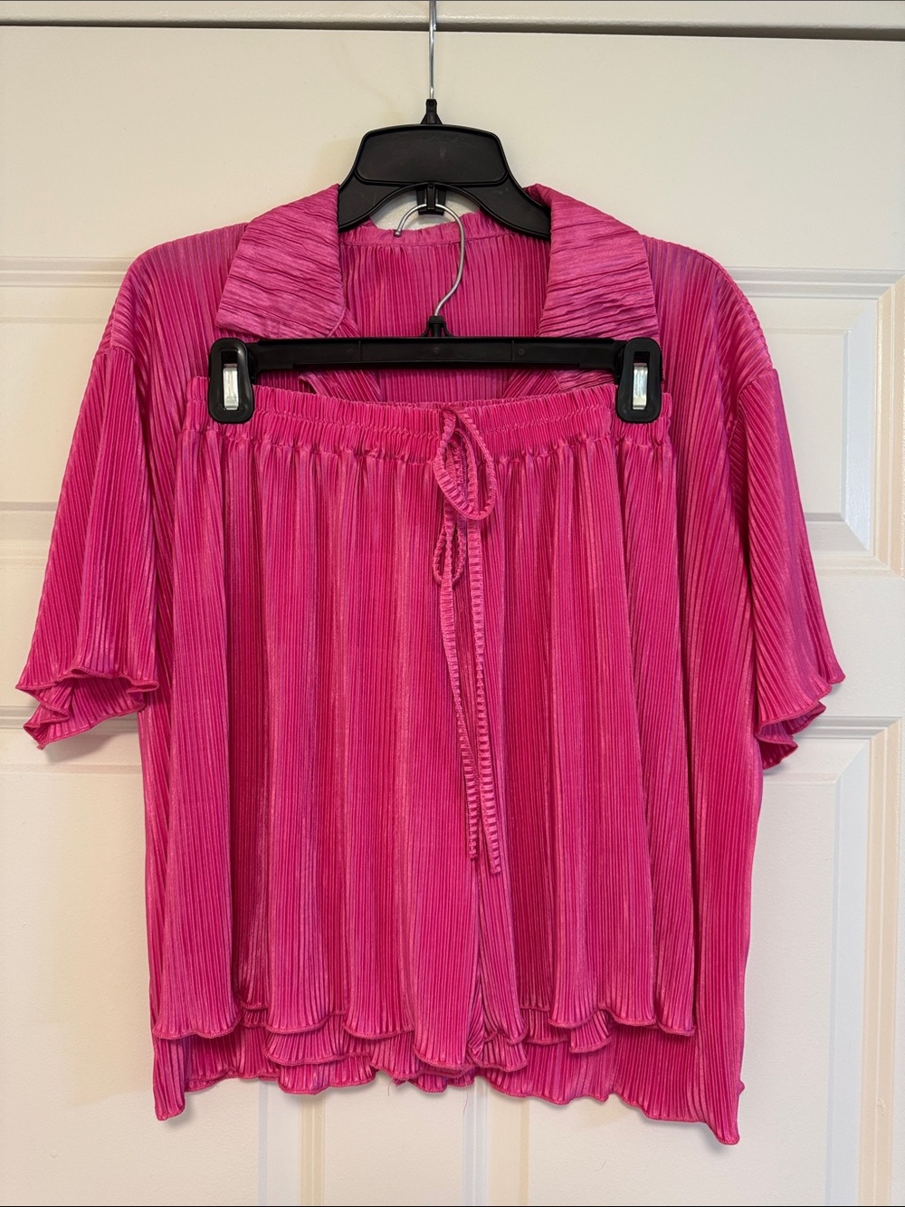 Amazon Hot Pink Pleated Short Sleeve Blouse and Short Set